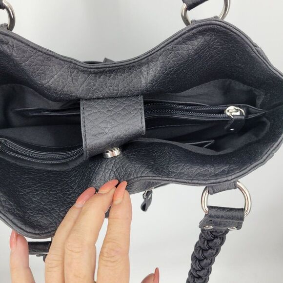 Black Braided Handle Vegan Faux Leather Shoulder Bag Multiple Compartments - Picture 8 of 13